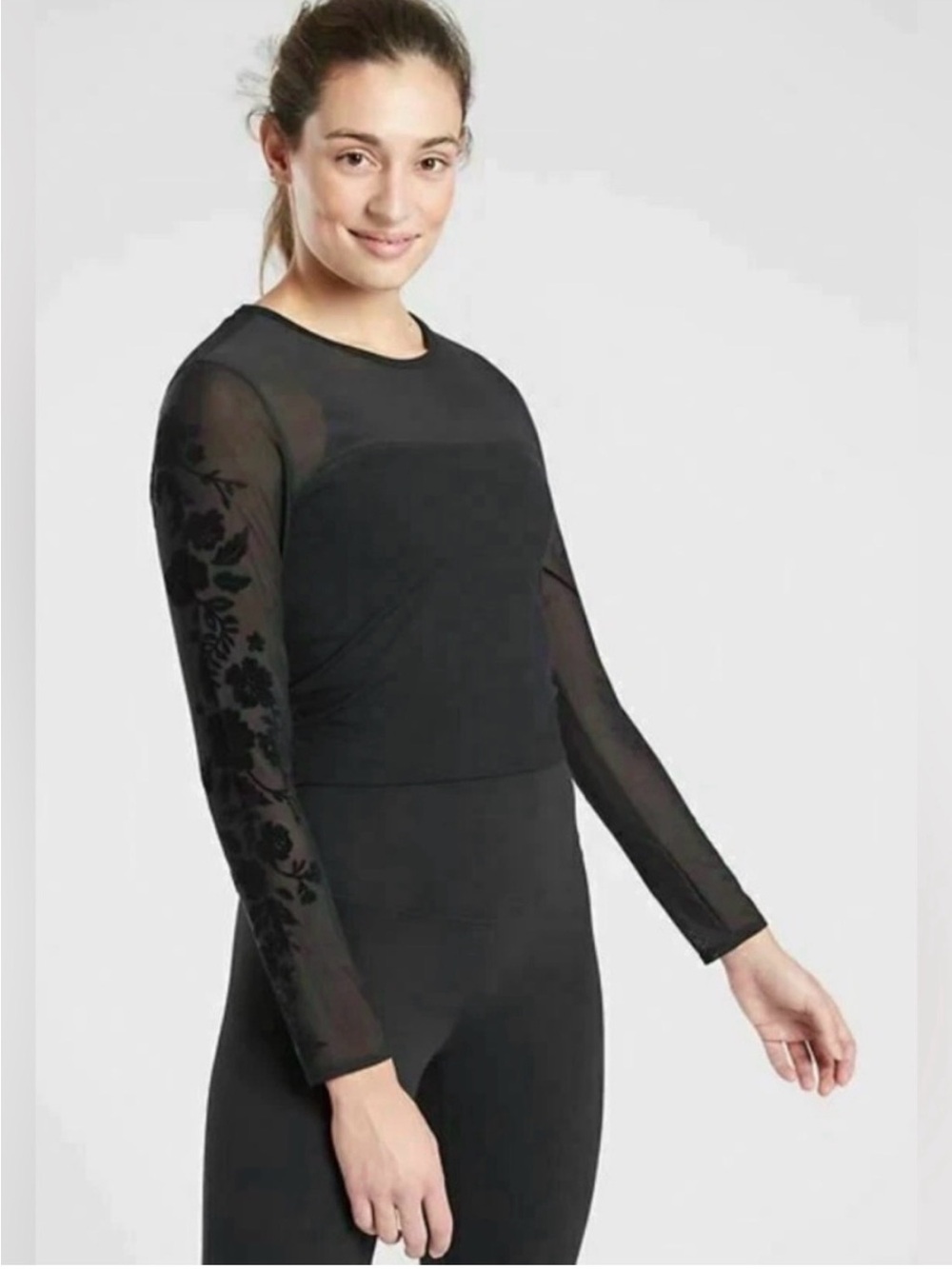 Athleta Black Mesh Velvet Rose Long-Sleeve Crop Top